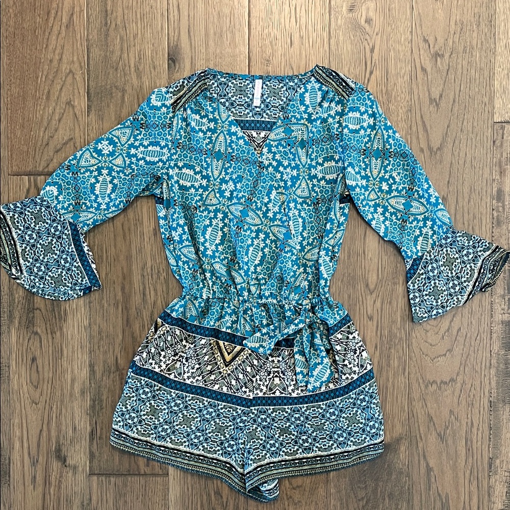 Xhilaration Teal and Black Patterned Romper